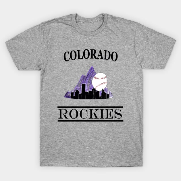 Colorado Rockies Denver Skyline Logo Design T-Shirt by Kids’ Drawings 